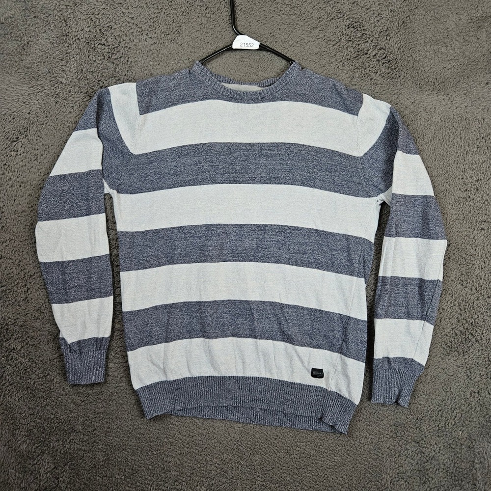 ONeill Mens Medium Blue Gray Striped Cotton Crew Neck Pullover Sweater